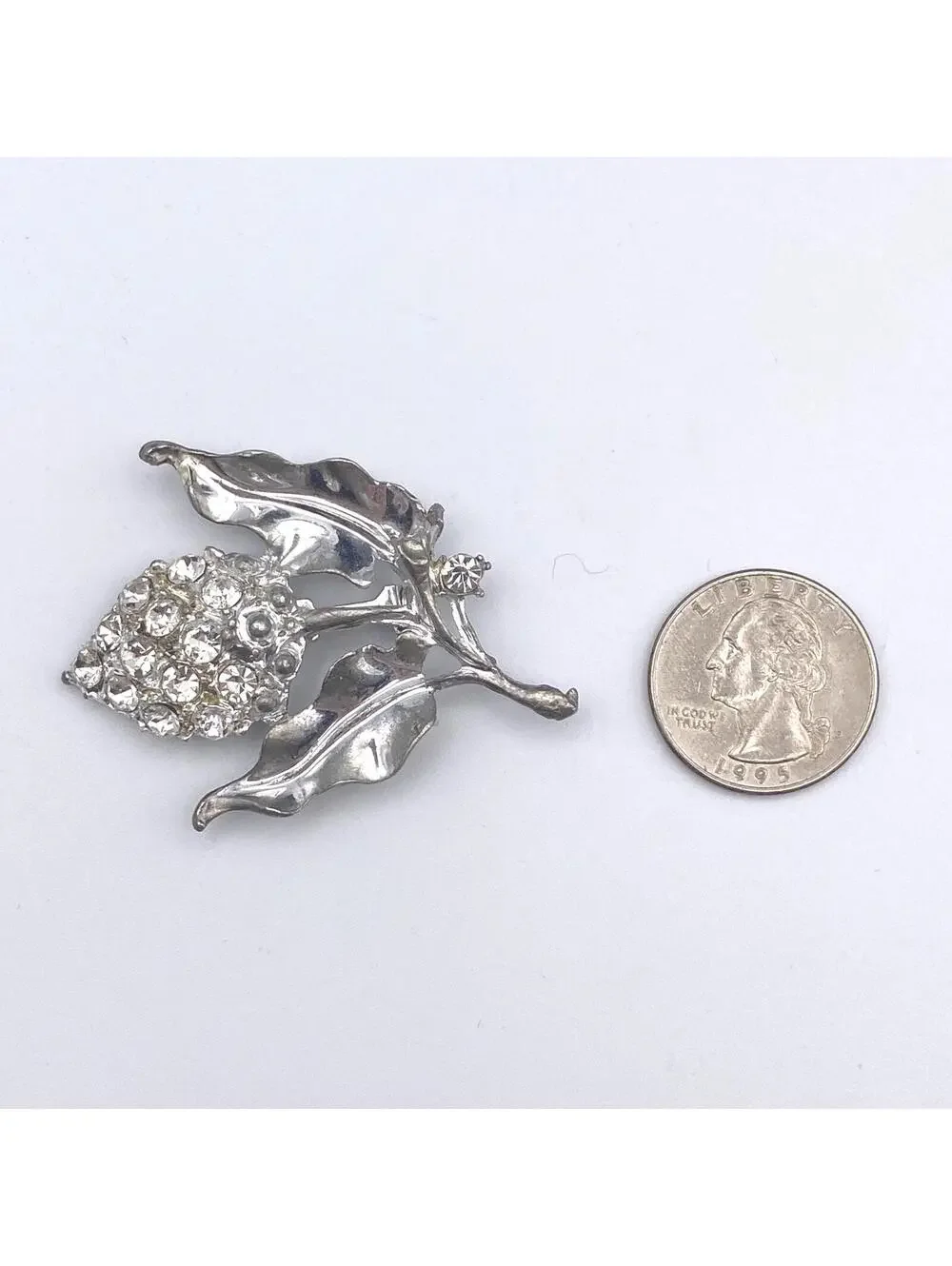 Ornate Vintage Silver Tone and Clear Rhinestone Grape Cluster with Leaves.
